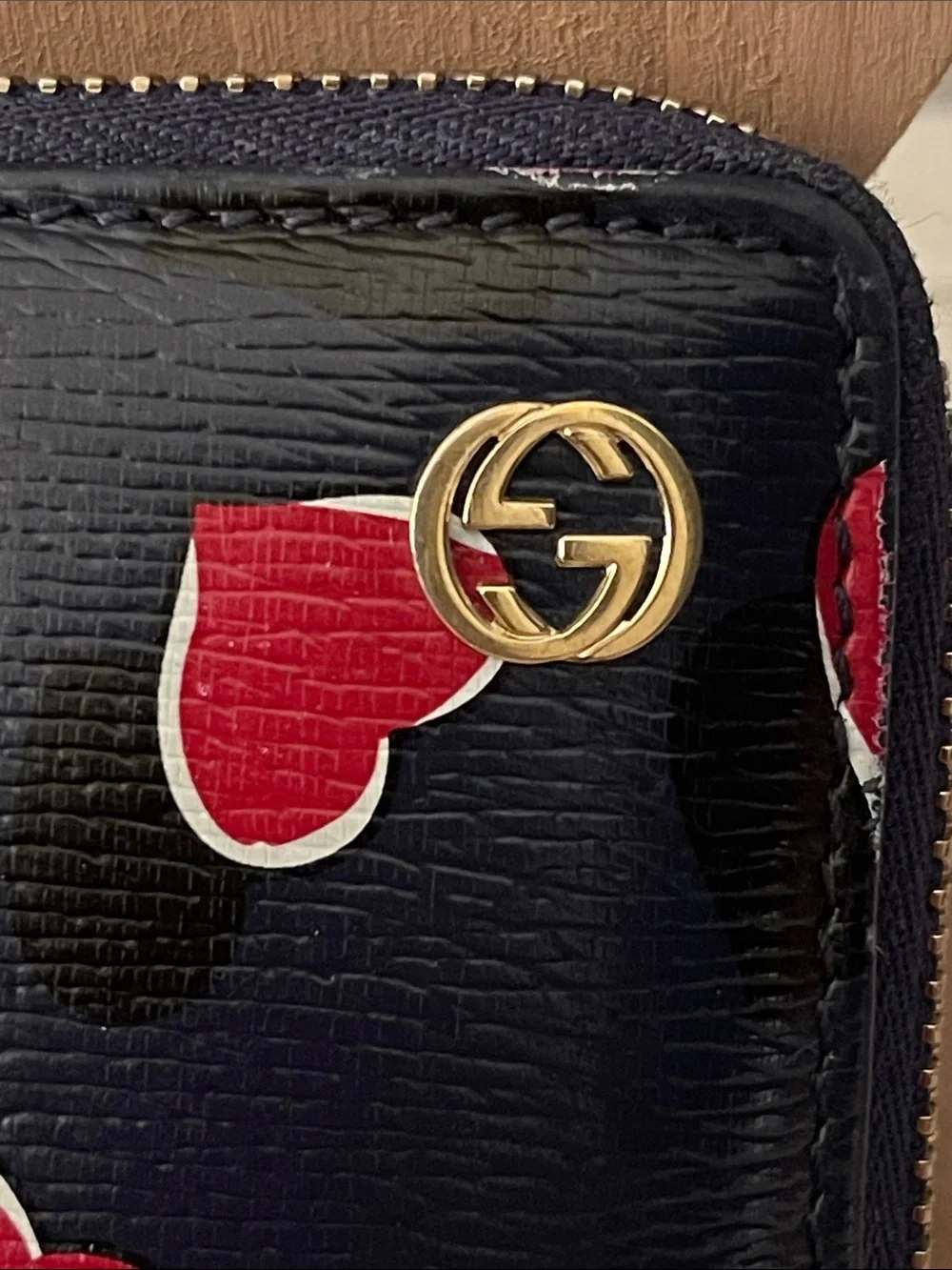 Gucci Betty Heart Print Zip Around Continental Wallet Navy Leather